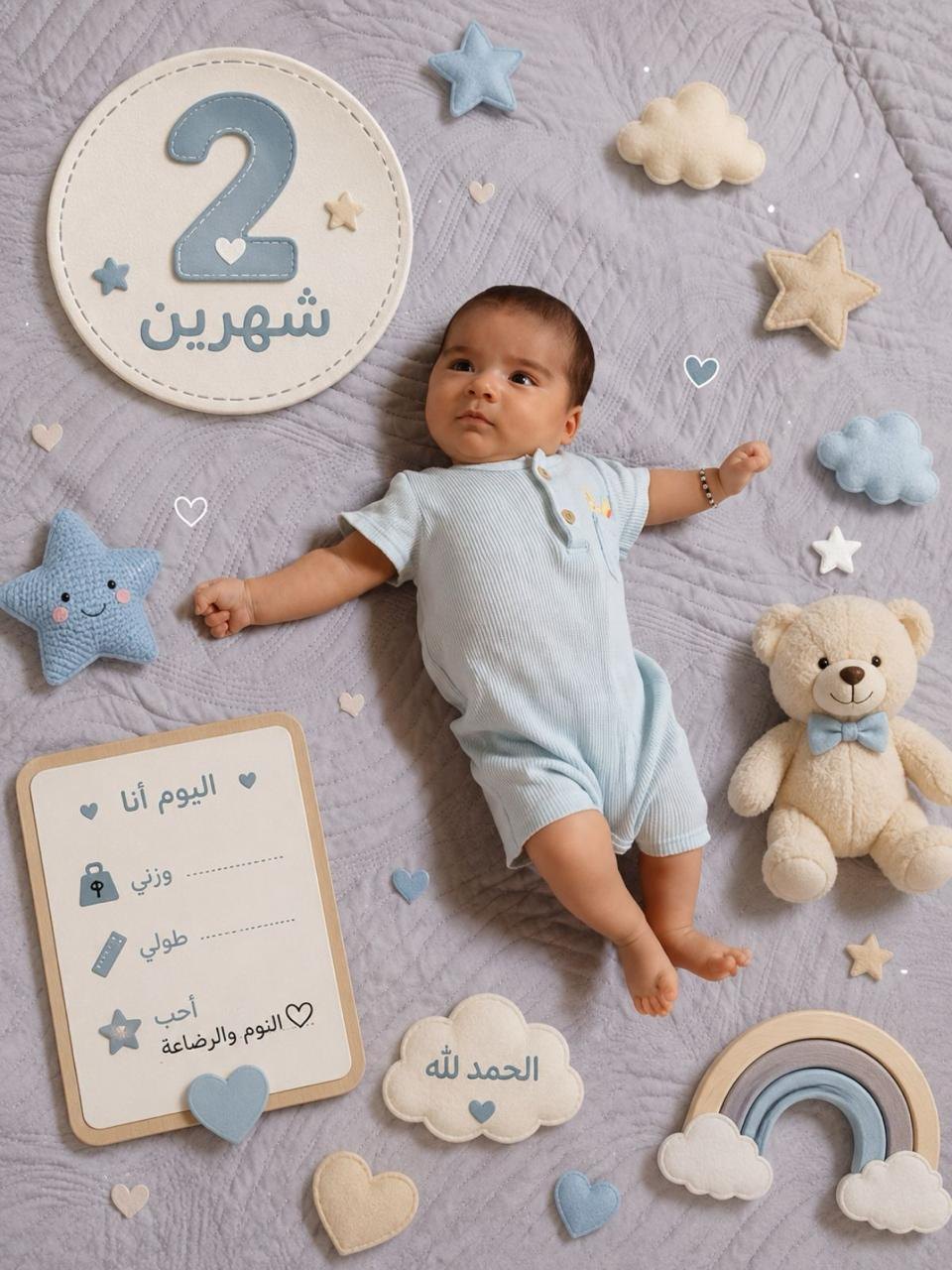 Baby Nazar at two months old, lying on a blanket beside a milestone card marking two months.